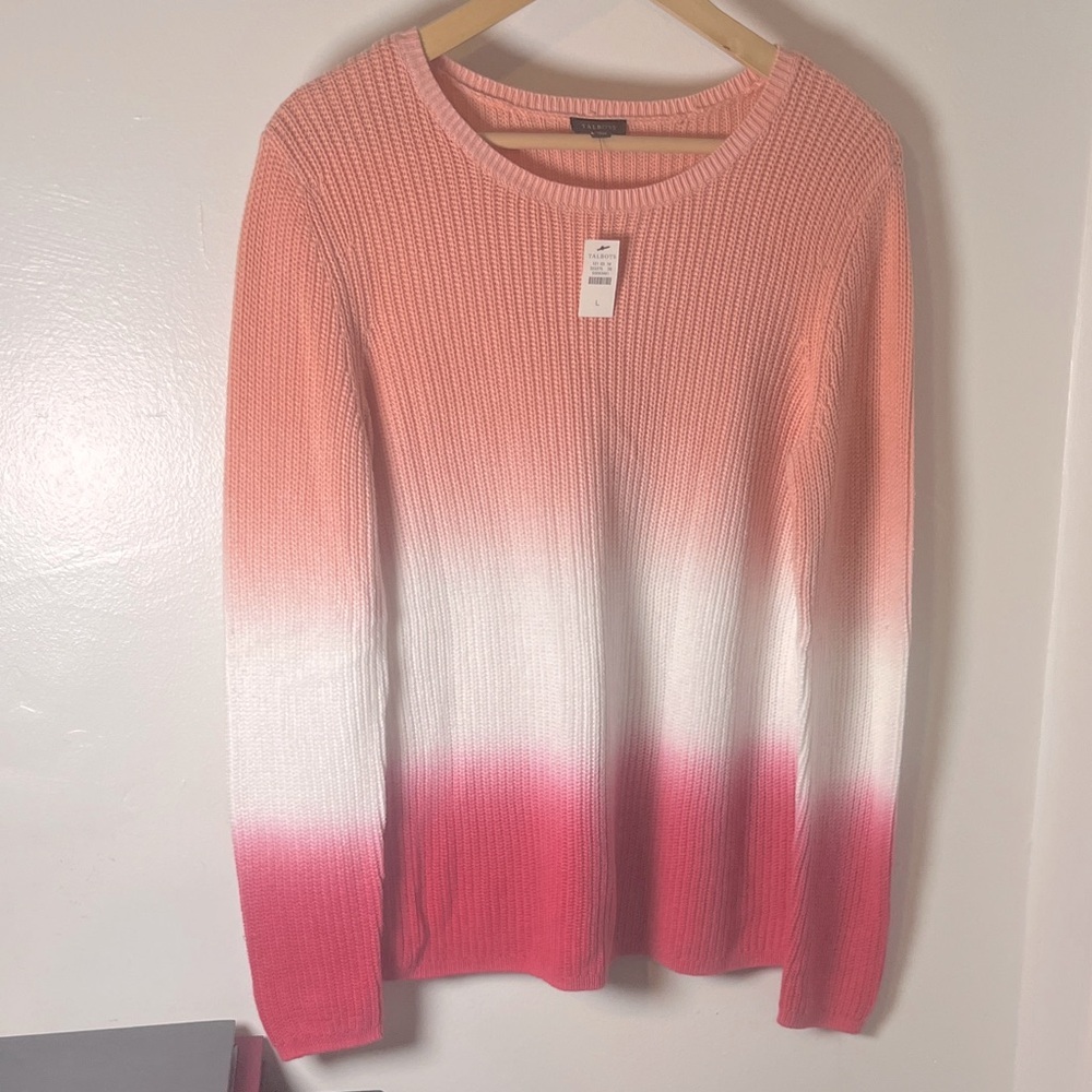 NWT Talbots 100% Cotton‎ Shaker Stitch Ombre Dip Dye Pink & White Sweater Sz L